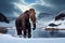 mammoth standing on snow-covered lake, surrounded by mountains