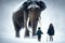 A Mammoth Walks In The Snow Next To Two Children. Generative AI