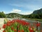 Mamquam Blind channel, Stawamus Chief Provincial Park view and Crocosmia paniculata flowers. Squamish BC, Canada