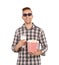 Man with 3D glasses, beverage and popcorn during cinema show