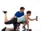 Man aerobic trainer positioning woman Workout