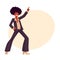 Man in afro wig and 1970s style clothes dancing disco