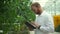 Man agronomist inspects tomato plants and uses tablet in hydroponic greenhouse spbd.