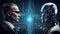 Man and AI robot look at each other. Concept of human and robot war in future