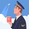 Man Aircraft Pilot or Aviator in Cap and Uniform Looking Up in the Sky Holding Mug Vector Illustration