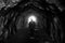 Man alone in a bright tunnel, black and white