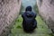 A man alone, experiencing a drug and alcohol crisis, sitting on a street staircase. The view from the back. Addiction concept