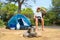 Man alone with tent for adventure camping