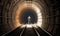 The man is alone walking through the long tunnel Creating using generative AI tools