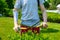 Man with an amputated arm and a prosthesis is trimming bushes in a garden