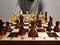 Man analyzing chess game on chess board - strategic concept.