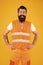 Man of any job. Man worker or workman smiling on yellow background. Happy construction worker or builder. Bearded man in