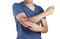 Man apply painkillers to elbow , elbow muscle pain from inflammation