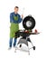 Man in apron cooking on  grill, white background