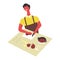 Man in apron cooks food and serves in bowls. Male character prepares dishes on table.