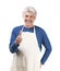 The man in an apron showing thumbs up on white background