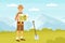 Man Archaeologist with Map and Shovel Searching for Material Remains Vector Illustration