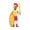 Man or Ares Greek God stands in armor holding sword and shield cartoon style