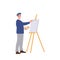 Man artist character painting and drawing picture artwork on canvas easel using paints palette