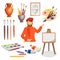 Man, artist palette, paint brushes, stand, vase. Set of paints