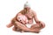 Man as baby. Child in diaper with pink teddy bear.