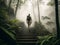 A Man as a Courageous Adventurer Clad in Adventure Gear Ascending the Foggy Forest Stairway