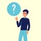 man asks a question Person thinking about question of good investment flat vector illustration. Financial cost, payment