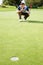 Man assessing his options to putt. Full length of man crouching on the putting green and assessing his options to putt