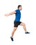 Man athlete jumping over imaginary obstacle isolated on white background. Young guy runner wearing black and blue sportswear makes