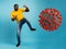 Man attacks with a kick the coronavirus. Blue background