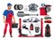 Man auto mechanic and car repair spare part set