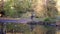 Man in autumn forest on the other side of the river peacefully fishing