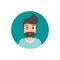 Man avatar in circle. cartoon guy with black hair, beard and moustache. flat icon on blue background