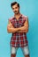 Man background arm friendly shirt confident blue travel isolated happy attractive guy crossed smile trendy plaid