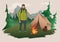Man with backpack on the background of the mountain landscape. Fire and tent. Mountain tourism, hiking, active outdoor