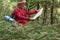 Man with backpack and blue rug reading paper map in woods, senior inspired man dresses red shirt standing near trees in forest and