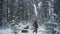 A man with a backpack carries a sleigh through the winter forest. Hiking in the winter forest.