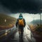 Man with a backpack goes along the road in the rain on a rainy day AI generated