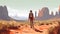 man backpack landscape walking desert footprint travel trek hike adventure journey. Generative AI.