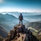 Man with backpack standing on the top of a mountain overlooking a stunning view