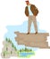 Man with backpack, traveller or explorer standing on top of mountain or cliff and looking on valley