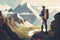 Man with backpack, traveller or explorer standing on top of mountain or cliff and looking on valley