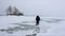 Man with a backpack walking in a blizzard on a melting river surface