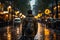 a man with a backpack walks along an evening road in the rain generative ai