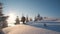 Man backpacker hiking snowy mountain hillside on cold winter morning.