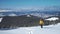 Man backpacker tourist walking snow landscape