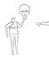 Man with bad idea light bulb and rejected with thumbs-down, hand-drawn vector illustration. Black outlines, white