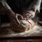 man bakes prepares delicious appetizing bread, close-up