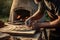 Man Baking Delicious Woodfired Artisanal Pizza Outdoors Closeup. Generative AI
