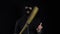 A man in a balaclava mask is standing with a baseball bat. A gangster is holding a baseball bat on a black background.